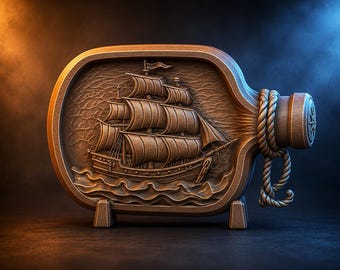 Ship in Bottle STL File CNC Relief | Nautical Wood Carving 3D Model