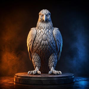 Puede incluir: Una detallada estatua de águila plateada con una expresión severa, posada sobre un pedestal redondo de color gris oscuro. Las plumas del águila están intrincadamente esculpidas. El fondo tiene iluminación naranja y azul.