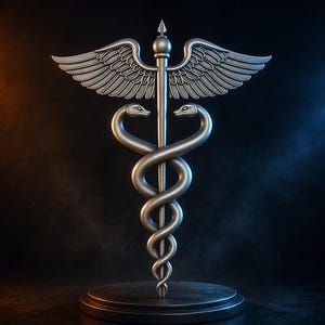 Può includere: Un simbolo di Caduceo argentato, un emblema medico, è posto su una base circolare. Il simbolo presenta due serpenti intrecciati attorno a un bastone, sormontato da ali. Lo sfondo è scuro con illuminazione arancione e blu.