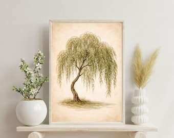 Weeping Willow Tree Printable Wall Art | Vintage Botanical Watercolor