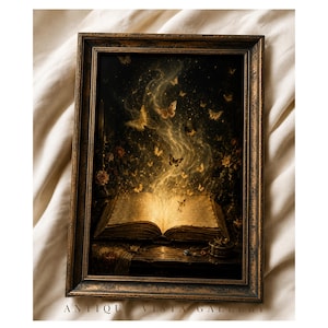 Op de afbeelding: Een ingelijst kunstwerk met een open boek met gloeiende pagina's, waaruit vlinders en licht komen. Het kunstwerk heeft een donkere achtergrond met vlinders en bloemen. De lijst is donker, sierlijk goudkleurig. De tekst "ANTIQU VISTA GALLERY" staat onderaan.