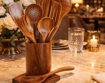 Juego de utensilios de cocina de madera de teca natural, 7 cucharas y espátulas de madera, antirayaduras.