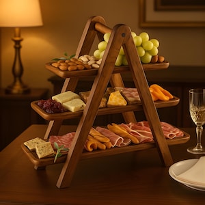 Könnte beinhalten: Ein dreistufiges Serviertablett aus Holz, gefüllt mit einer Auswahl an Vorspeisen. Die oberste Ebene enthält Mandeln und grüne Trauben. Die mittlere Ebene hat Käse und Marmelade. Die untere Ebene zeigt Cracker, Fleisch und Brotstangen. Ein Weinglas und ein Teller befinden sich im Vordergrund.