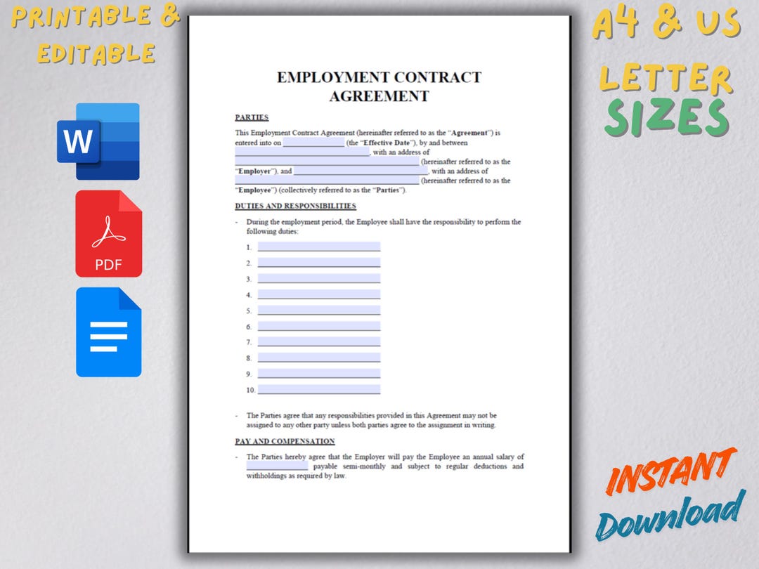 Editable Employment Contract Template | Small Business (word, PDF ...