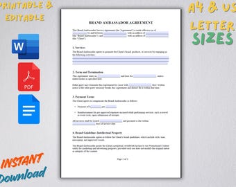 Sjabloon overeenkomst merkambassadeur | Influencer-contract | Bewerkbaar in Word, pdf en Google Documenten | Direct downloaden