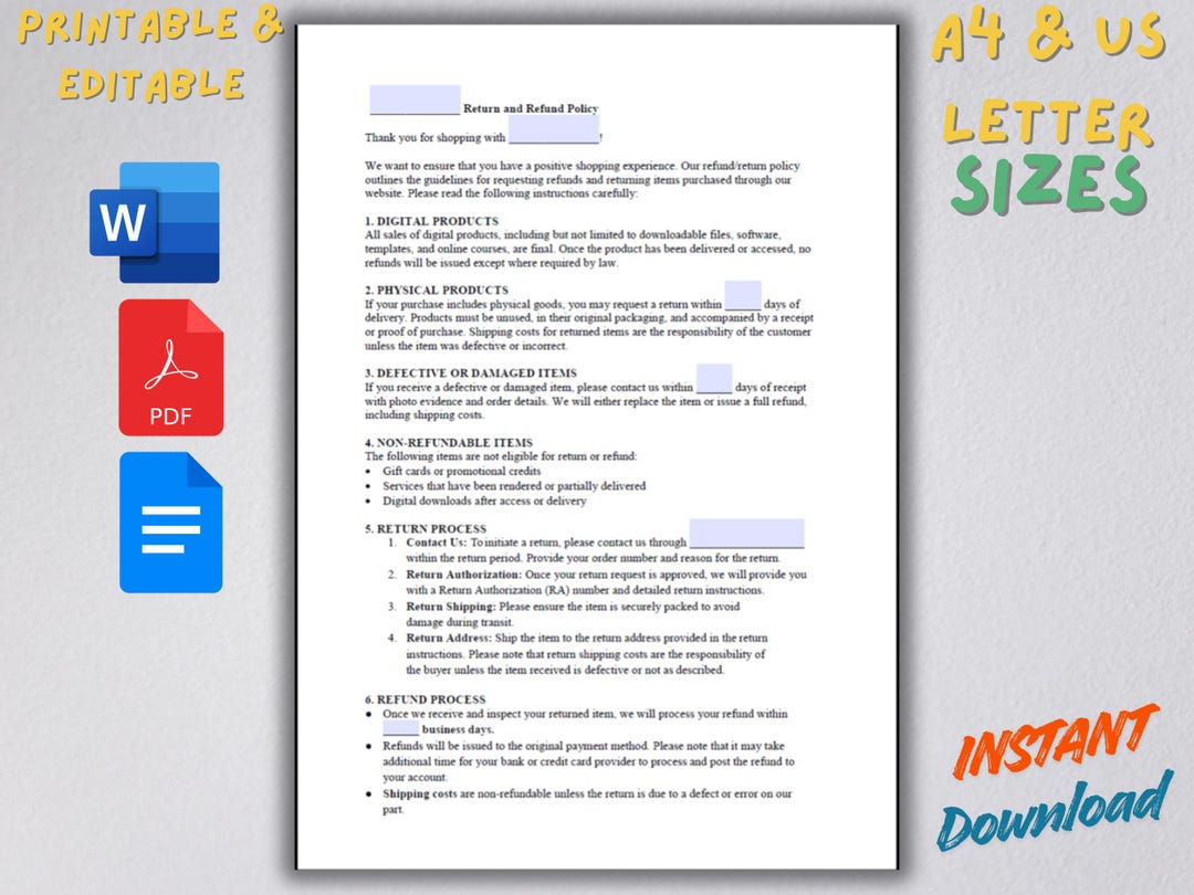 Return and Refund Policy Template | Refund Policy for Website, Editable ...