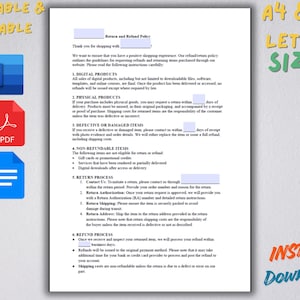 May include: A printable and editable document with a return and refund policy, with icons for Word, PDF, and a document. The document is available in A4 and US letter sizes, with an "Instant Download" label.