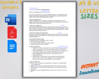 Sjabloon voor retour- en restitutiebeleid | Terugbetalingsbeleid voor website, bewerkbare Word-pdf Google Docs