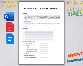 Contractsjabloon trouwfotografie | Bewerkbare fotograafovereenkomst, servicecontract, Word-pdf Google Docs