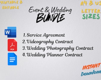 Bundel met evenement- en trouwcontract | Sjablonen voor service, videografie, fotografie en planner