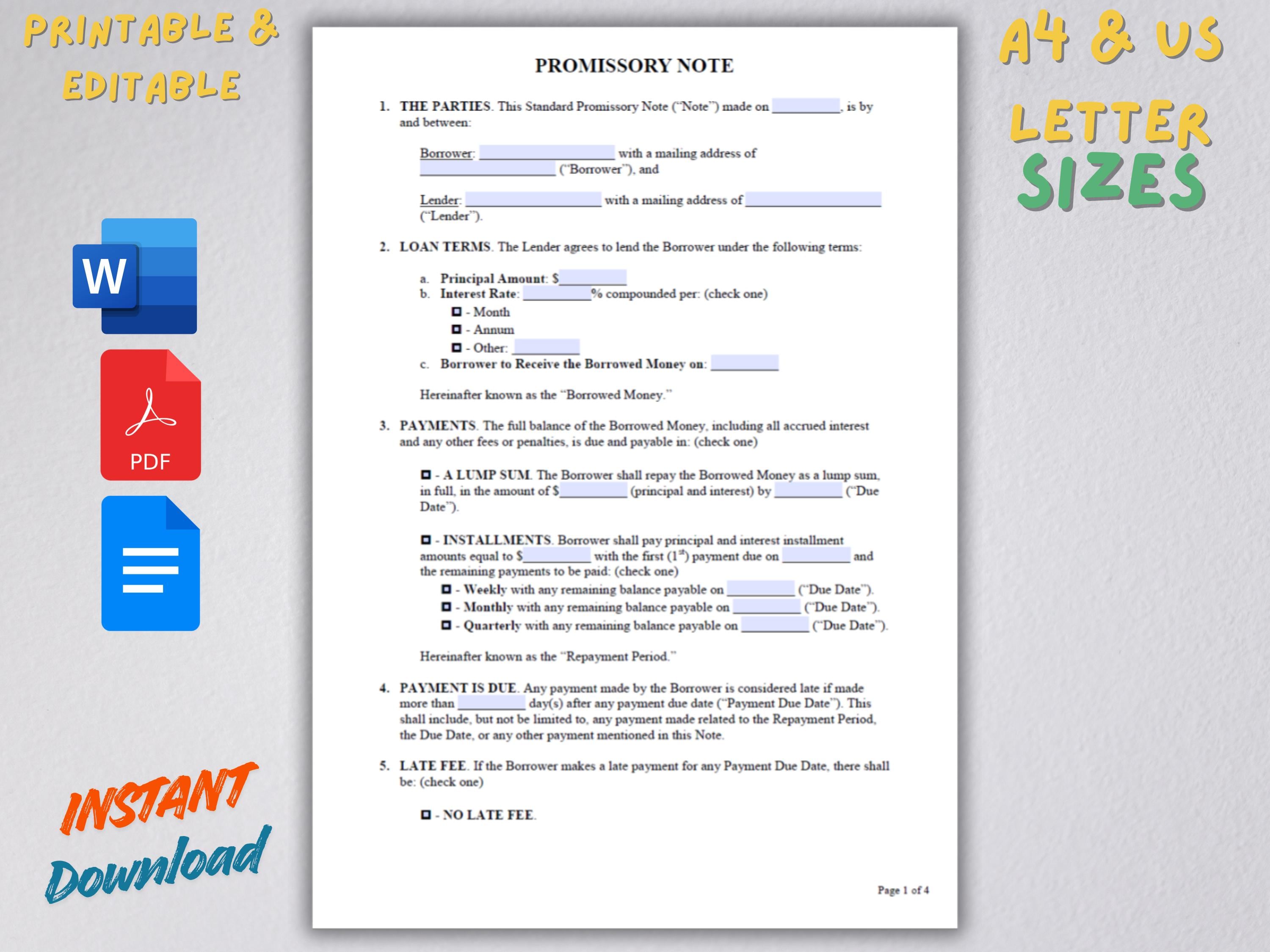 Promissory Note Template – Editable and Printable Agreement in Word ...