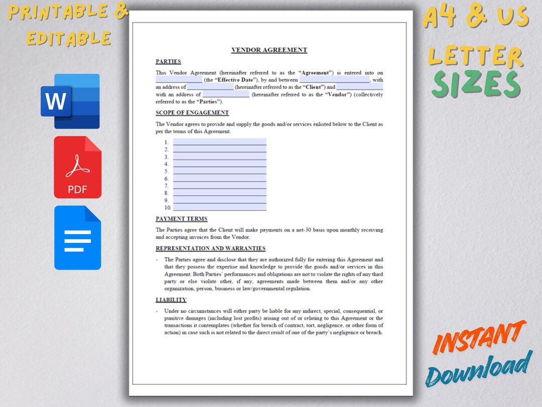 Vendor Contract Template | Editable Agreement (word, PDF, Google Docs ...