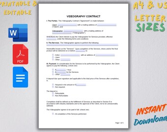 Sjabloon videografiecontract | Bewerkbare overeenkomst videograaf, servicecontract, Word-pdf Google Docs