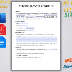 May include: Printable and editable wedding planner contract template in A4 and US letter sizes. Includes sections for parties, wedding details, planner duties, payments, and cancellation policy. Instant download.