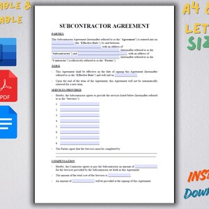 Op de afbeelding: Een afdrukbare en bewerkbare Subcontractor Agreement-sjabloon in A4- en US Letter-formaten. Inclusief Word-, PDF- en Google Docs-pictogrammen. De woorden "Instant Download" zijn ook zichtbaar.