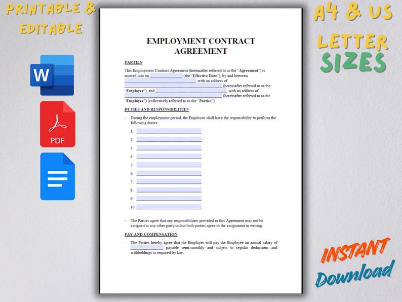 Editable Employment Contract Template | Small Business (word, PDF ...