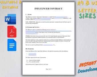 Bewerkbare contractsjabloon influencer | Overeenkomst voor sociale media (pdf, Word, Google Documenten)