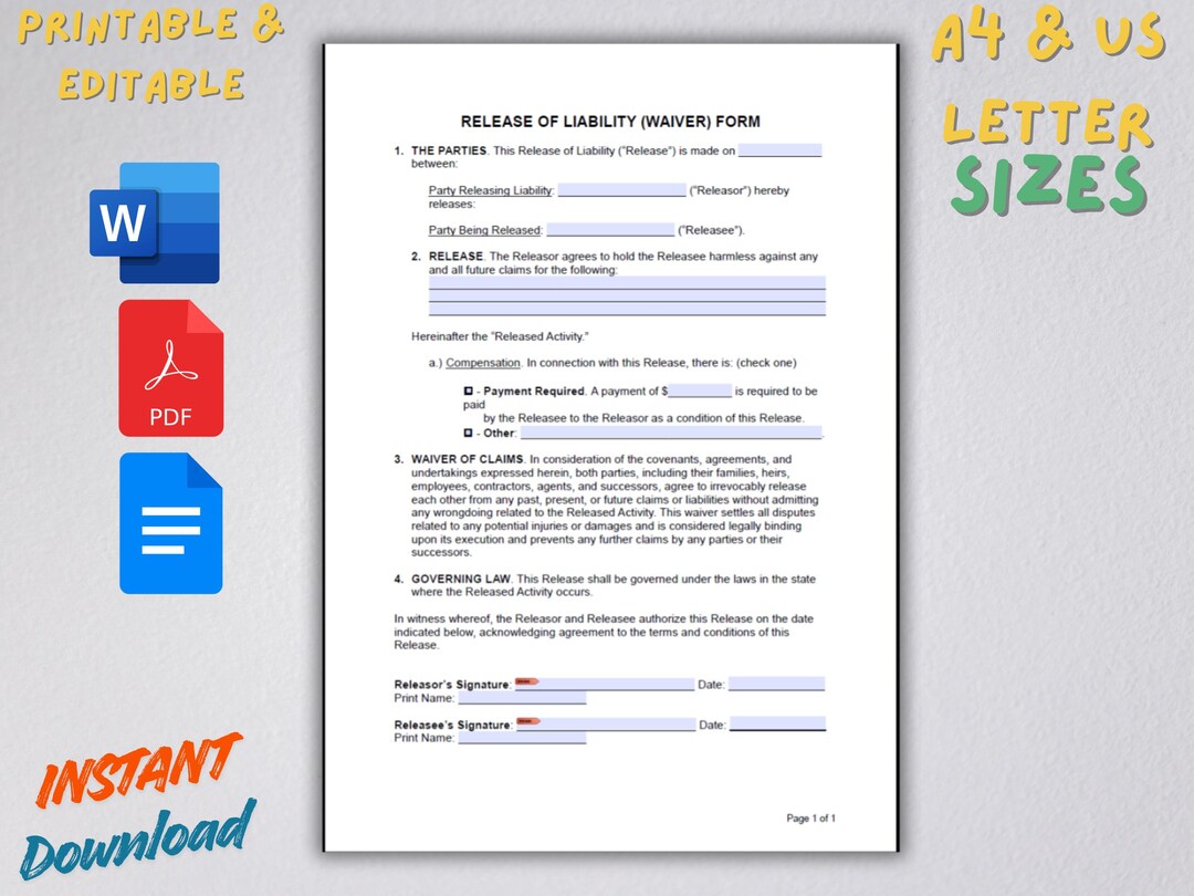 Release of Liability Waiver Form Template – Editable and Printable in ...