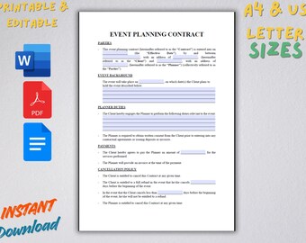 Contractsjabloon voor evenementplanning: bewerkbare en afdrukbare overeenkomst in Word, pdf en Google Documenten