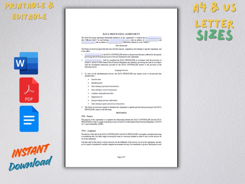Data Processing Agreement Template – Editable and Printable GDPR Contract in Word, PDF & Google Docs image 1