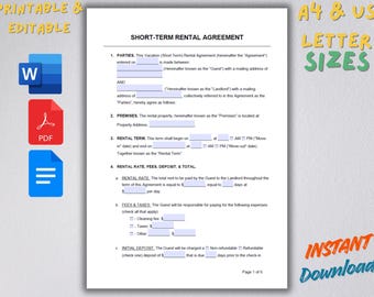 Bewerkbare sjabloon voor kortetermijnhuurovereenkomsten (Word, pdf, Google Documenten)