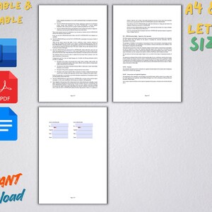 May include: A digital download product with three document pages and three icons for Word, PDF, and a document. Text includes "PRINTABLE & EDITABLE", "A4 & US LETTER SIZES", and "INSTANT Download". The documents are on a light gray background.