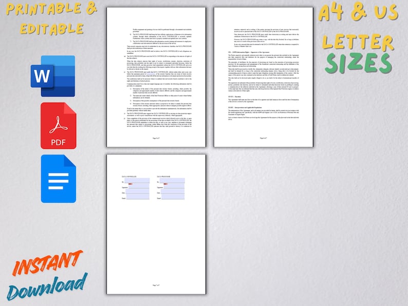 May include: A digital download product with three document pages and three icons for Word, PDF, and a document. Text includes "PRINTABLE & EDITABLE", "A4 & US LETTER SIZES", and "INSTANT Download". The documents are on a light gray background.