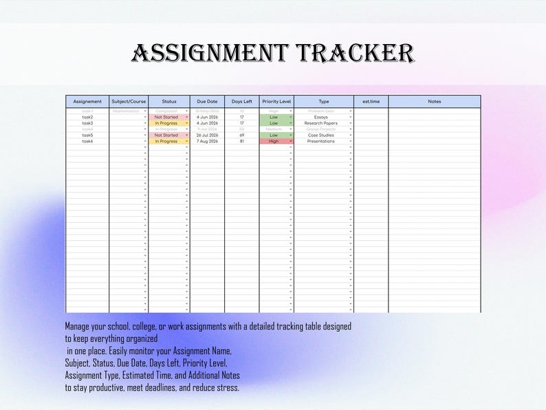 Assignment Tracker Spreadsheet | Homework Tracker | Due Dates Study ...