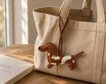 Leather Sausage Dog Keychain with Cow Pattern | Dachshund Purse Charm, 3 Colors, Minimalist Dog Lover Gift, Cute Wiener Dog Bag Accessory