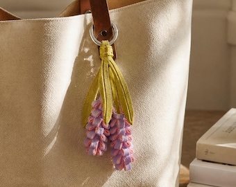 Handmade Floral Keychain Charm, Purple Wisteria Leather Bag Accessory, Bridesmaid Proposal Gift, Thoughtful Gift for Best Friend