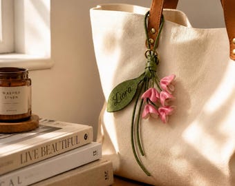 Floral Leather Keychain Charm, Osmanthus Flower Purse Accessory, Meaningful Gift for Mother, Bridesmaid & Friend Gift Idea
