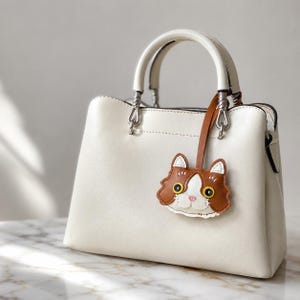 Könnte beinhalten: Cremefarbene Handtasche mit einem braunen, ledernen Katzenanhänger. Die Tasche hat ein strukturiertes Design mit einem oberen Griff und silberfarbenen Beschlägen. Der Katzenanhänger hat braune und weiße Details mit gelben Augen und einer rosa Nase.