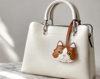 Leather Cat Keychain Bag Charm, Handmade Gift for Cat Lovers, Cute Purse Accessory, Funny Birthday Gift