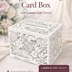 Peut inclure: Boîte à cartes de mariage blanche découpée au laser avec des motifs floraux. La boîte comporte une fente pour les cartes sur le dessus et est ornée de motifs découpés complexes. Le texte sur l'image indique "Elegant Wedding Card Box" et "Laser & CNC Ready".