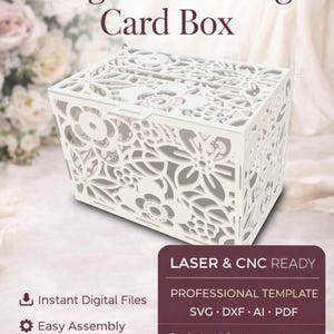 May include: A white rectangular card box featuring intricate laser-cut floral patterns. Text on the image reads: Elegant Wedding Card Box, Laser & CNC Ready, Professional Template, SVG, DXF, AI, PDF, Optimized for 4 mm plywood, Instant Digital Files, Easy Assembly, Premium Design, Get Template Now.