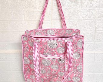 Handmade Pink Floral Tote Bag | Quilted Cotton Indian Block Print