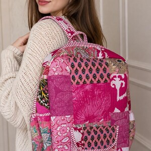 Handmade Pink Floral Patchwork Quilted Backpack | Boho Kantha Style Rucksack