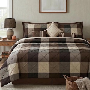 King Plaid Comforter Set Brown Bedding Collection Masculine Bedroom Design Men Decor Neutral Tones Warm Rustic Size Modern Minimalist
