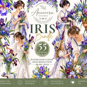 Könnte beinhalten: Eine digitale Sammlung von 55 Aquarellillustrationen mit Frauen und Kindern in fließenden Kleidern, die Sträuße aus violetten, blauen und weißen Irisblüten halten. Der Text lautet Annevera Studio Iris Bundle 55 Designs Watercolor Clipart.