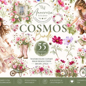 Può includere: Una collezione digitale di 55 disegni clipart ad acquerello con fiori di cosmo, una persona con un vestito floreale, una persona con un cesto, una bicicletta, una carriola e una staccionata in legno, con il testo Annevera Studio Cosmos Bundle.