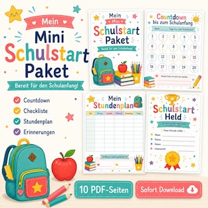 Pode incluir: Um kit digital para o início do ano letivo com páginas imprimíveis que apresentam ilustrações coloridas de mochilas, maçãs e lápis. O conjunto inclui um calendário de contagem regressiva, um horário semanal e um certificado, tudo em alemão.