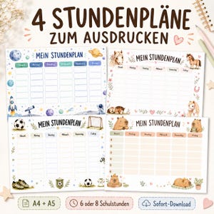 May include: Four printable weekly schedule templates titled Mein Stundenplan. Designs include space themes with rockets and planets, horse motifs with floral accents, soccer elements with balls and goals, and capybara illustrations with soft colors.