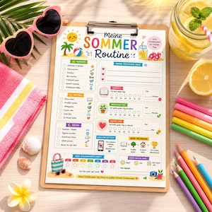 Könnte beinhalten: Ein Klemmbrett mit einer sommerlichen täglichen Routine-Checkliste auf Deutsch. Die Checkliste enthält Abschnitte für Aktivitäten am Morgen, Nachmittag und Abend. Eine rosa herzförmige Sonnenbrille, ein gestreiftes Handtuch und Buntstifte sind ebenfalls sichtbar.