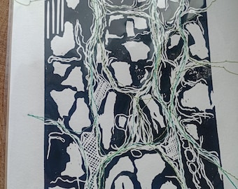 Threaded Blue Lino Print – Embroidered Lichen & Moss, Original A4 Woodland Art