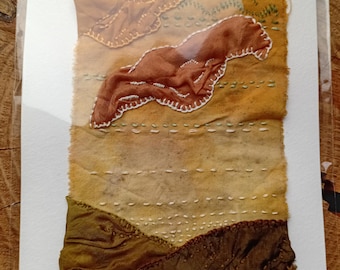 Rising- Naturally Dyed Textile Art, Nettle and Onion Dye, Hand Stitched Calico & Silk