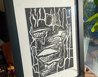 Chicken of the Woods Lino Print – Original Framed Mushroom Art, A4 Woodland Wall Art