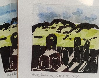 Avebury Stone Circle Lino Print – Original Watercolour & Linocut, Neolithic Standing Stones Art