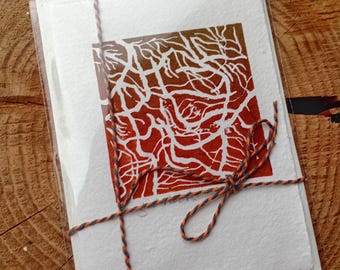 Tangled Roots Lino Print Card – Botanical Nature Art, Handmade Paper Greeting Card