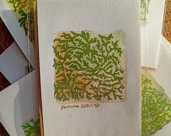 Fruticose Lichen Lino Print – Dark Green Handmade Nature Art