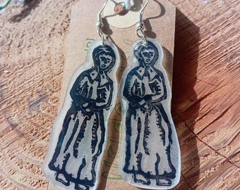 Medieval Art Earrings – St Lidwina Lino Print Dangle Earrings, Sterling Silver